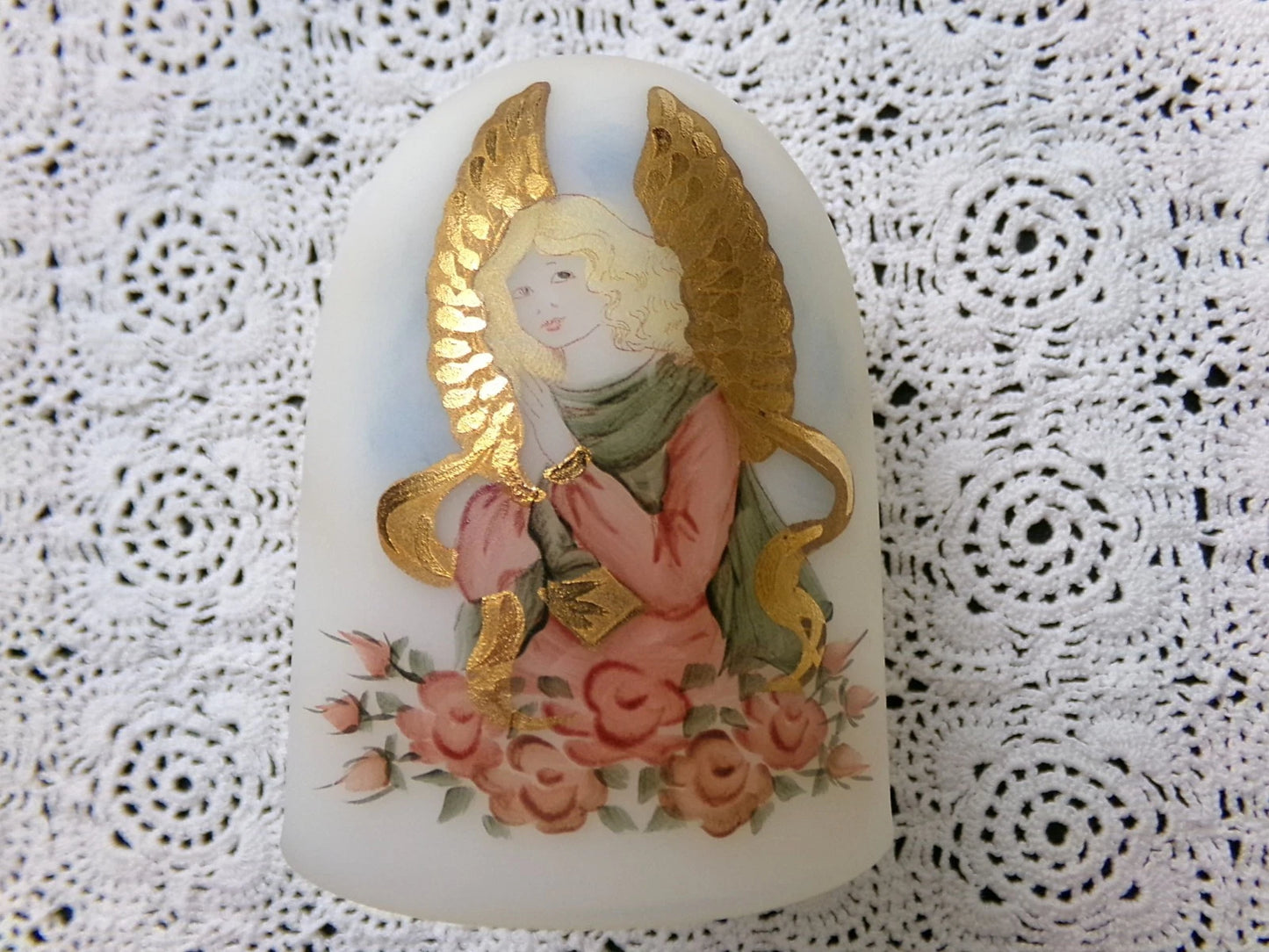 Vtg Fenton Fairy Lamp Angel Praying Heavenly Pink Roses Handpainted Jackson #10
