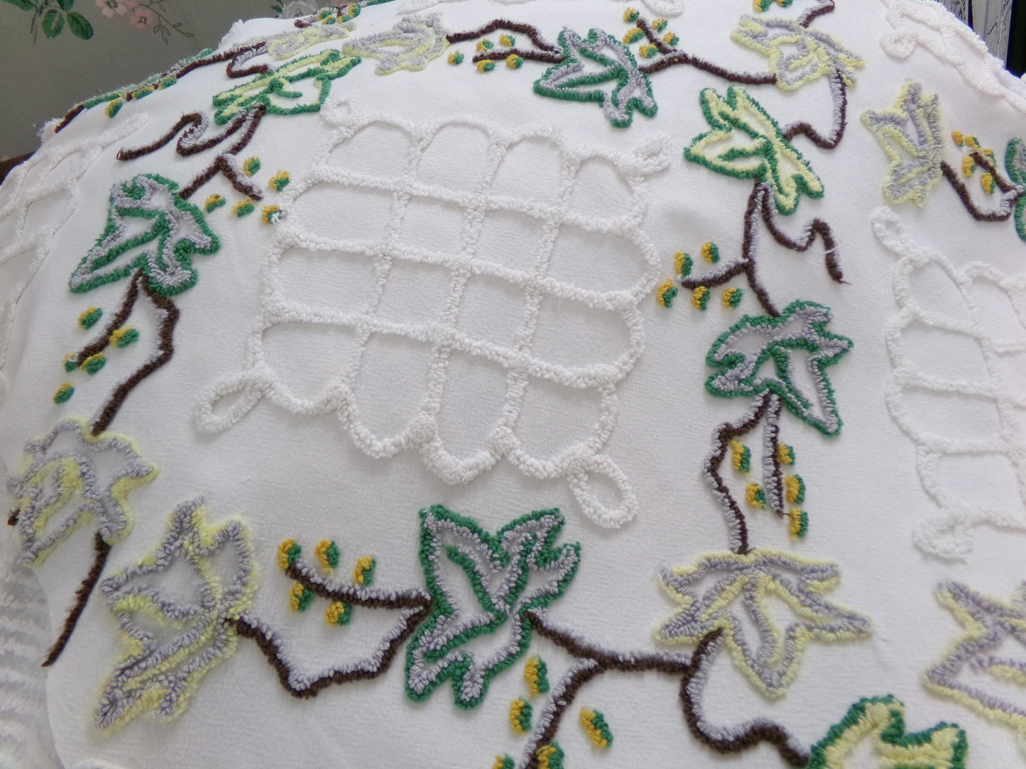 rambling ivy vintage chenille fabric, 21" x 24" irregular cut piece, unique tufted leaf design on antique white, great in pillows, quilts