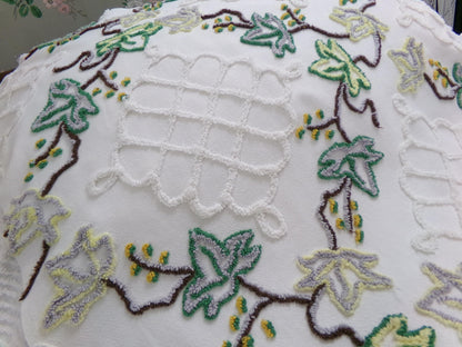 rambling ivy vintage chenille fabric, 21" x 24" irregular cut piece, unique tufted leaf design on antique white, great in pillows, quilts