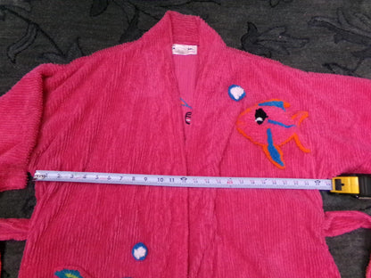 Canyon Group Vintage Chenille Robe, Pink Tropical Fish Short Beach Coverup Bathrobe Kimono Sleeves, M/L