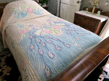 Pastel Peacock Vintage Chenille Bedspread, Boho Creamy Cotton Full Size