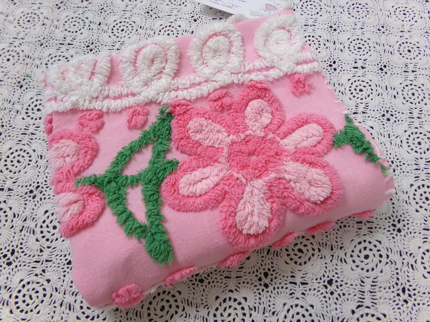 Peeking Pink Flowers Vintage Chenille Bedspread Fabric, 15" x 26" piece