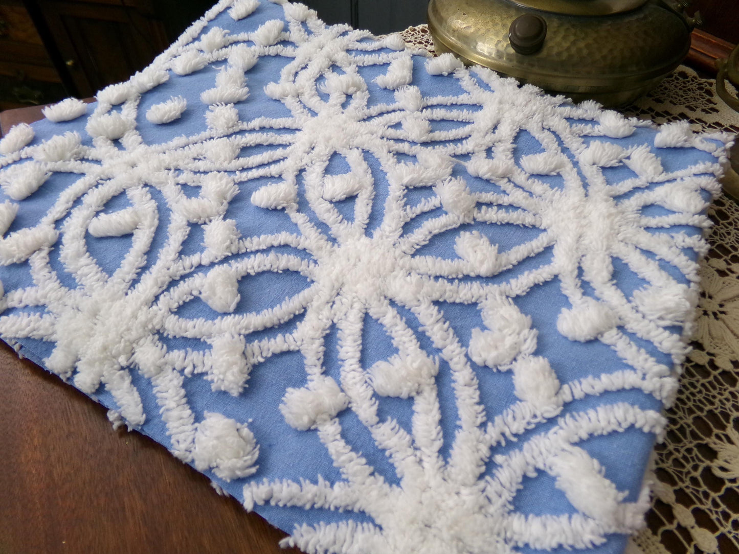 Blue & White Vintage Chenille Fabric Dimensional Snowflake Dots Quilting Craft Supply, 20" x 24"