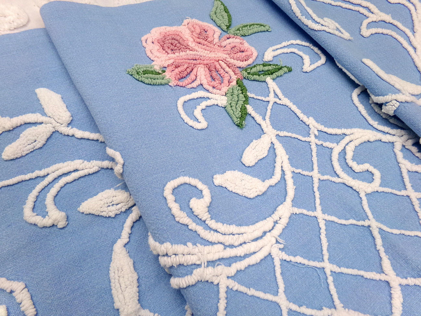 shabby cottage rose vintage chenille fabric, blue white floral sewing material, 15" x 30" piece