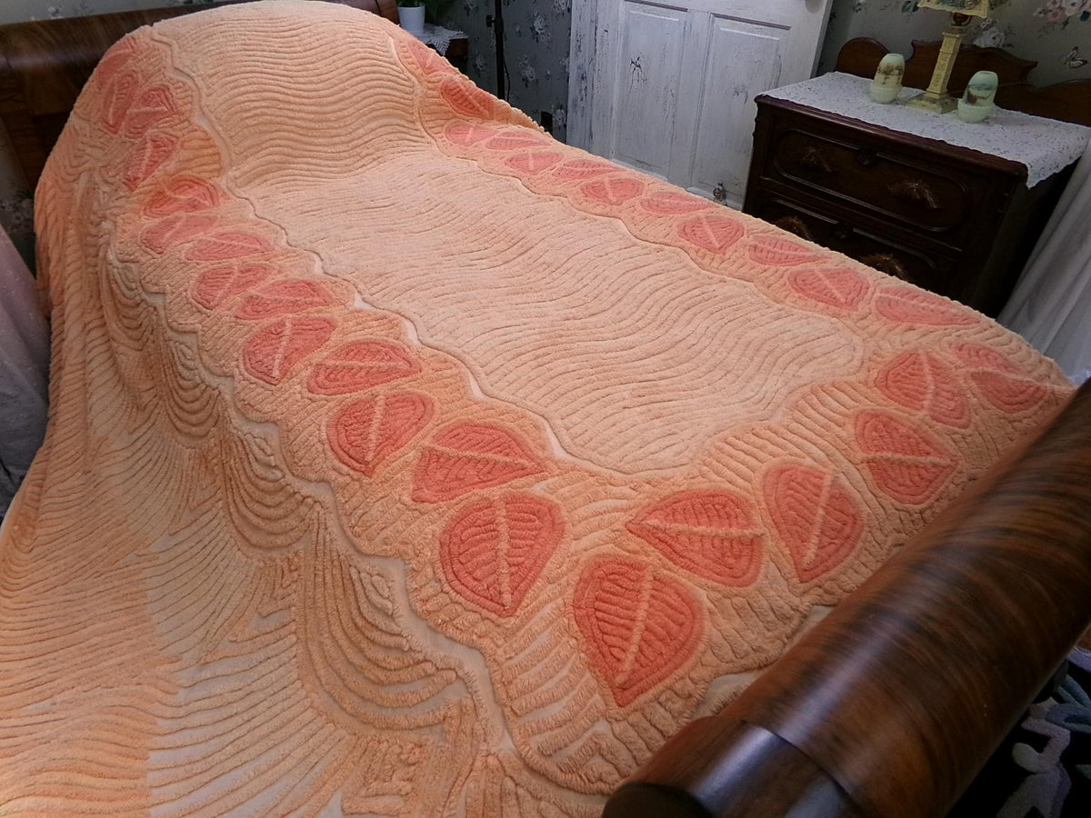Boho Falling Leaves Vintage Chenille Bedspread, Apricot Peach Twin Size