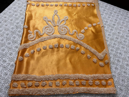Vintage Gold Satin Fabric, Scroll Tufted Chenille Crowns 23x36" Piece