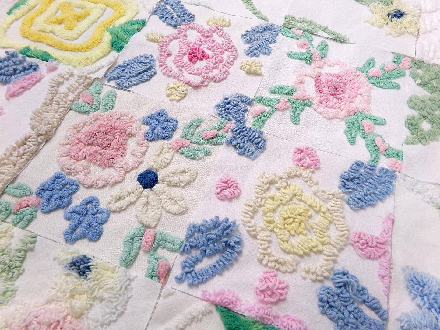 Vintage Chenille Fabric Squares Set of 16 Summer Wildflowers Floral Coordinating Quilt Blocks 6x6"