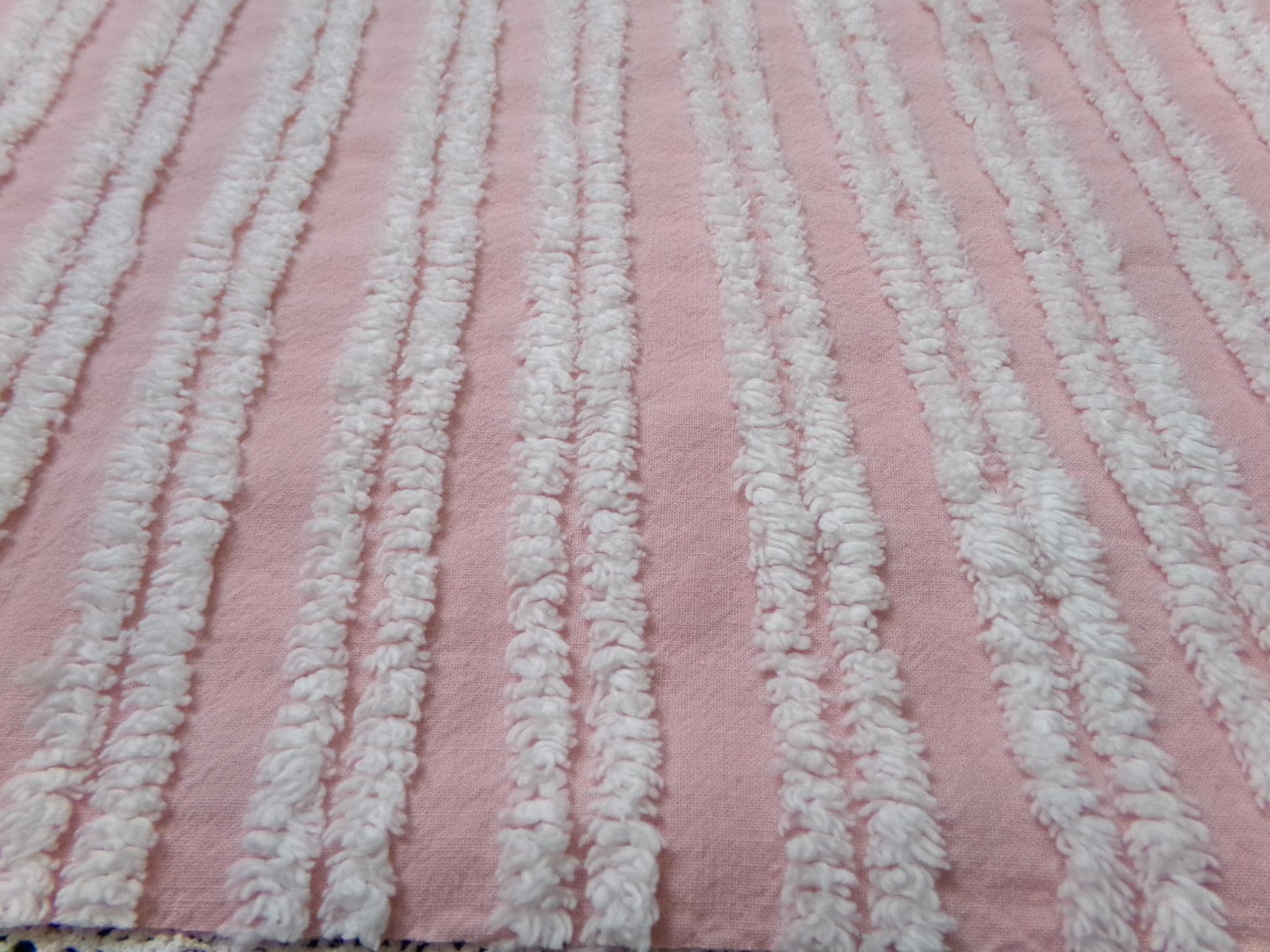Pink White Double Stripe Vintage Chenille Bedspread Fabric Cottage Chic 14x24" Piece