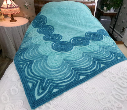 Vintage Chenille Bedspread Dramatic Swirling Waves, Full Size 100% Cotton Bedding