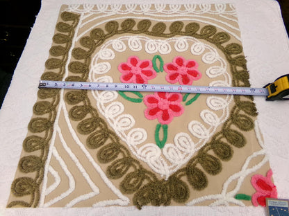 Vintage Chenille Bedspread Fabric Piece, Mocha Chocolate Cherry Floral, 24" x 23"