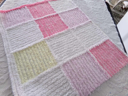 pink & white quilt style vintage chenille fabric, 25" x 20" piece of sewing material for pillows, crafts