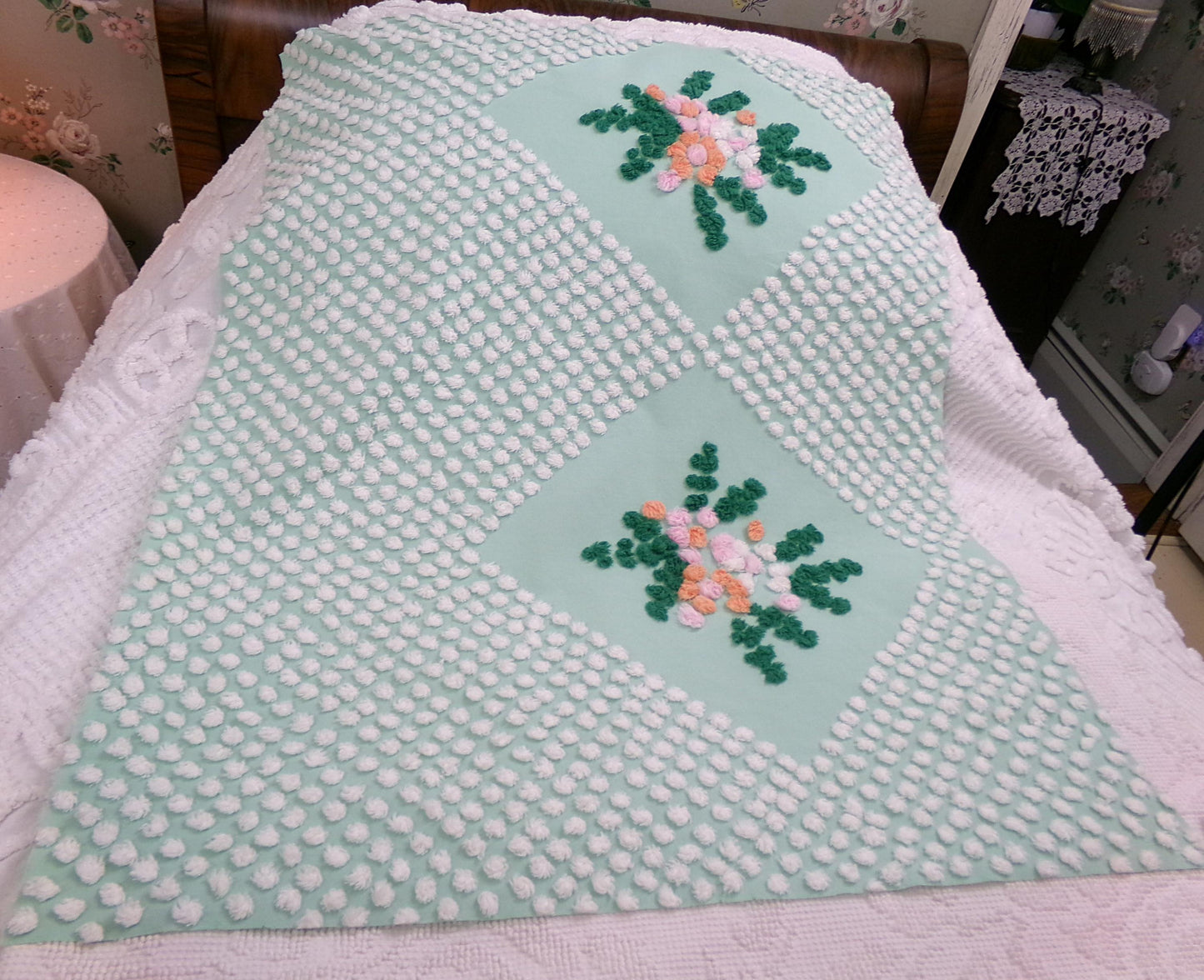 jade green floral vintage chenille fabric: handmade antique cotton sewing material for quilting, crafts, 31" x 24" piece