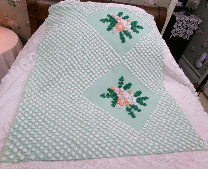 jade green floral vintage chenille fabric: handmade antique cotton sewing material for quilting, crafts, 31" x 24" piece