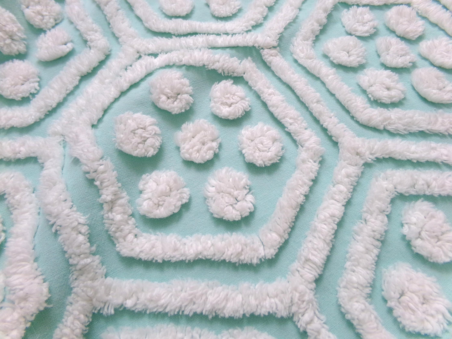 Vintage Chenille Fabric Coastal Fresh Aqua White Geometric Hexagon Dot 18x24"