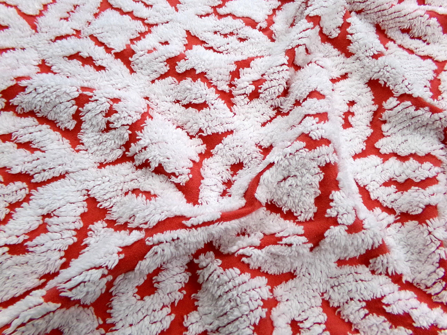Classic Red Vintage Chenille Fabric, tufted white geometric designs, piece sewing craft quilt material, 18" x 24"
