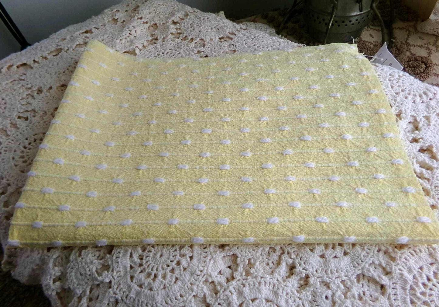Sunny Yellow Vintage Woven Fabric With Tiny White Chenille Pearl Tufts, Lightweight 20" x 14" Piece