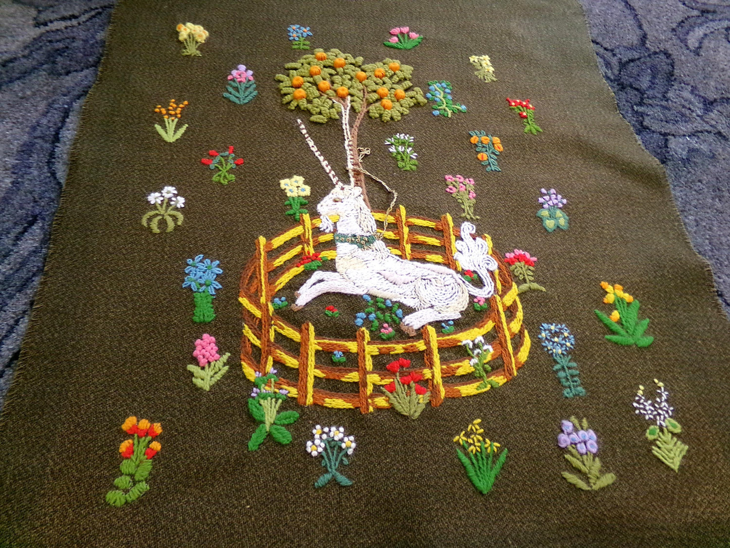 Unicorn in Captivity Vtg Crewel Embroidery, Finished Paragon 0846 Stitchery Medieval Old World Tapestry Style Adaptation