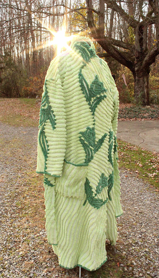 plant lady beautiful chenille robe, shabby upcycled women's bathrobe from tulip floral vintage chenille bedspread fabrics, in size L/XL