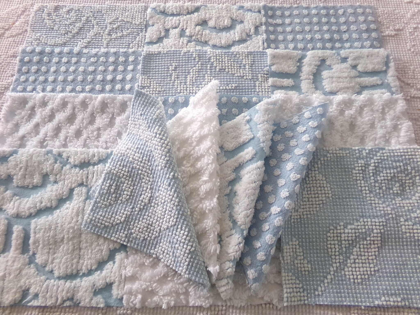 coastal chill chenille fabric squares, cool blue & white dot, diamond geometric patterns, set of 16 vintage quilt blocks 6" each for sewing