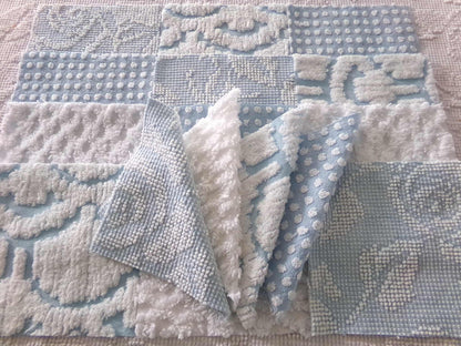 coastal chill chenille fabric squares, cool blue & white dot, diamond geometric patterns, set of 16 vintage quilt blocks 6" each for sewing