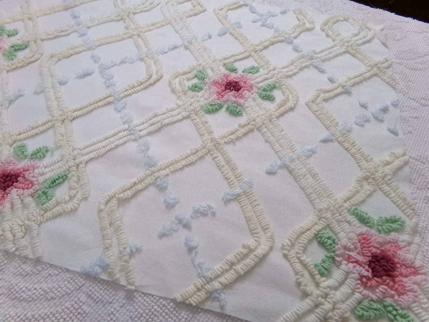 romantic cottage vintage chenille fabric, shabby floral sewing material, 20" x 26" piece