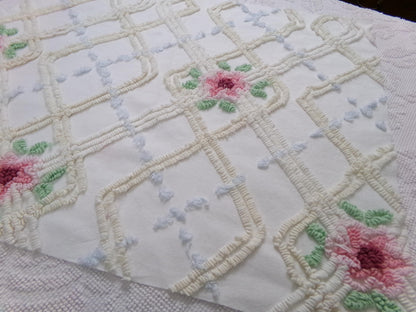 romantic cottage vintage chenille fabric, shabby floral sewing material, 20" x 26" piece