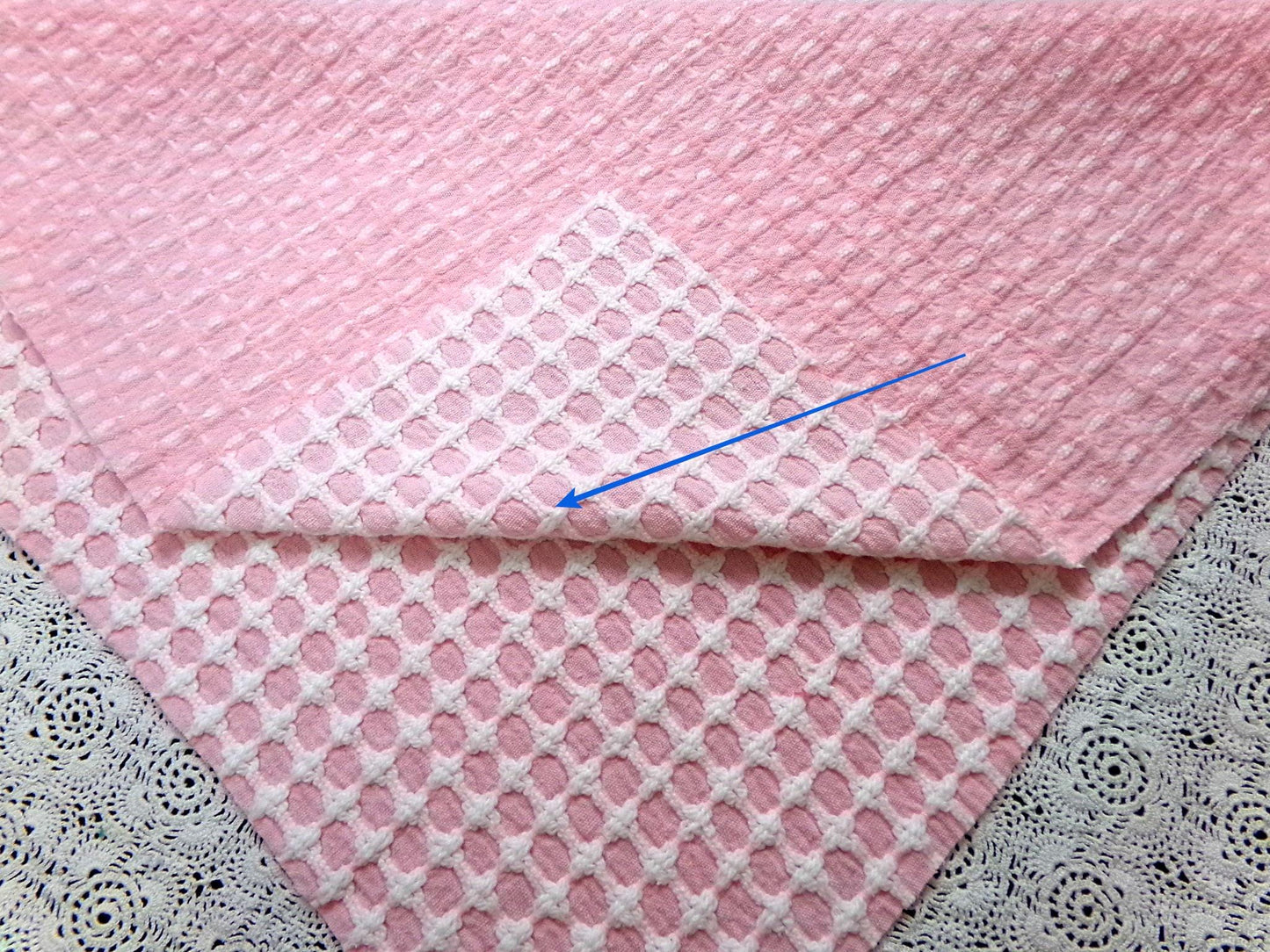 Carnation Pink White Vintage Woven Chenille Fabric Lady Galt Honeycomb Cross 22x24"