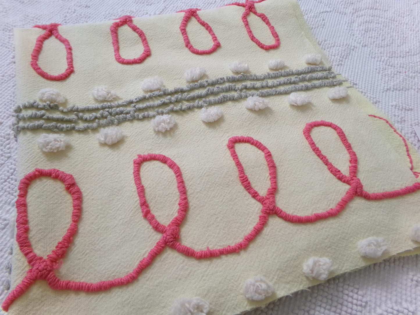 doodle dots vintage chenille bedspread fabric, yellow & red quilt sewing material, 23" x 21" piece