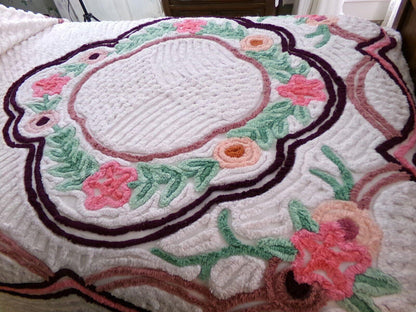 cottage living vintage chenille bedspread in plush rose florals, 100% cotton white full size bedding