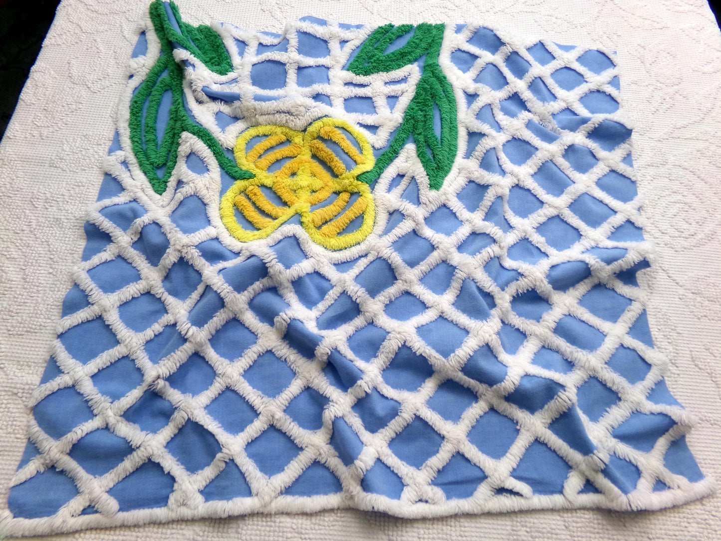 Vintage Blue Chenille Fabric, Yellow Flower on White Terrace Tuft, 22" x 23.5" Piece Sewing Quilt Material