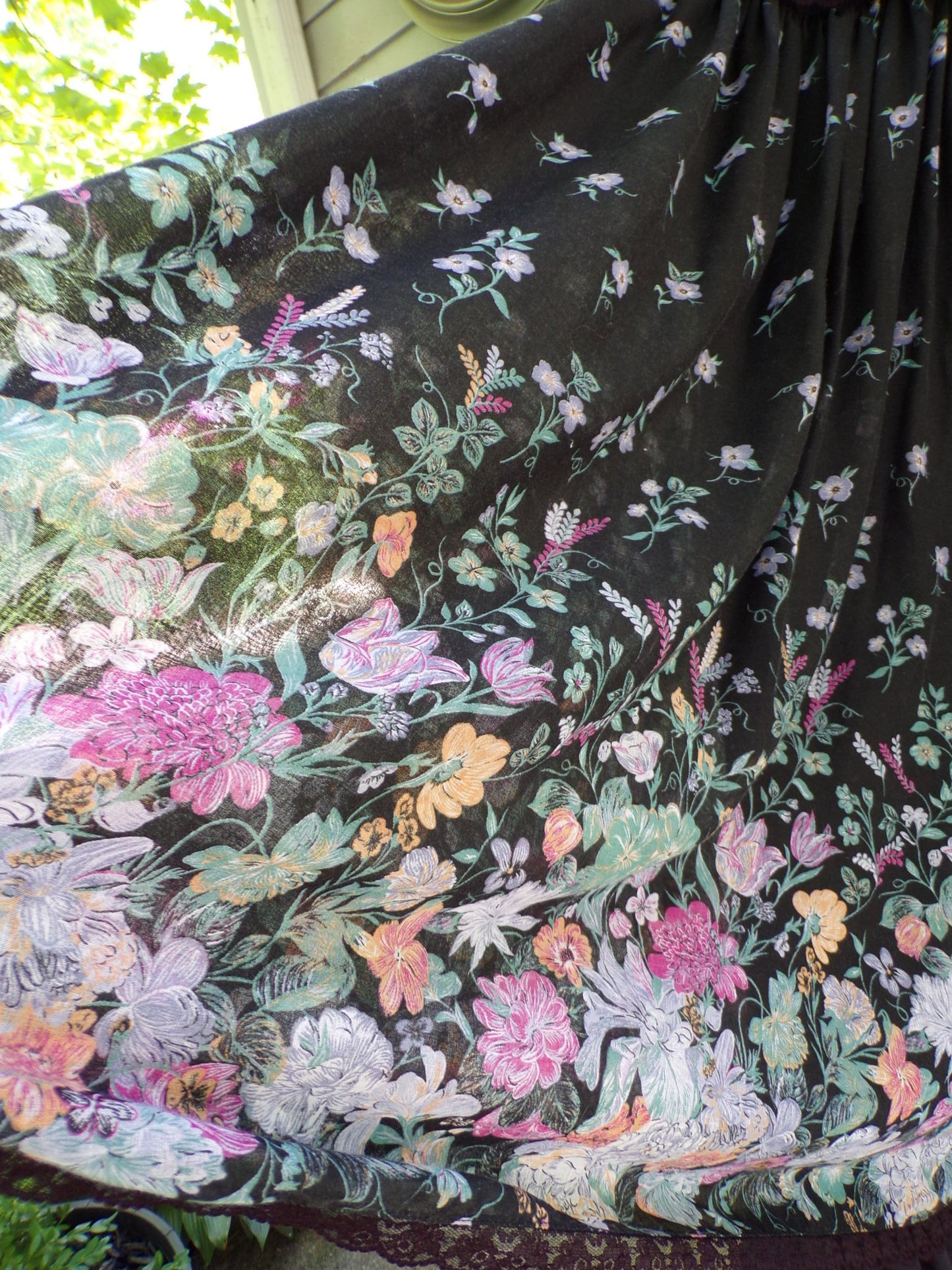 Vintage Boho Prairie Dress Black Floral 70s Maxi Sundress Jr Sz 13