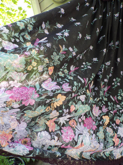Vintage Boho Prairie Dress Black Floral 70s Maxi Sundress Jr Sz 13