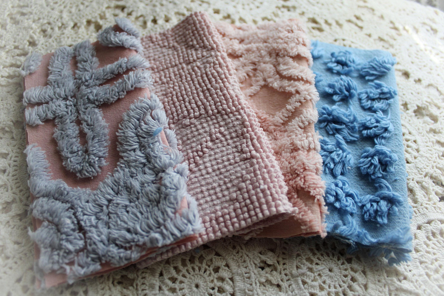 twilight melody vintage chenille fabric squares, set of 16 dreamy 6" quilt blocks, serene blue, rose mist, pink shades