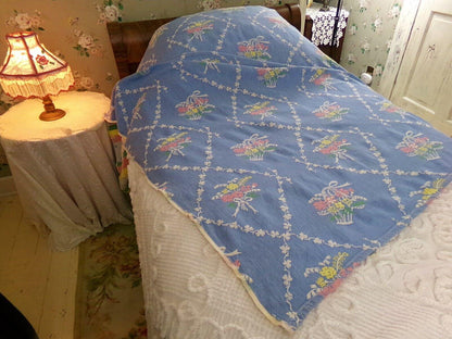 shabby cottage style vintage woven bedspread, fieldcrest blue floral twin coverlet