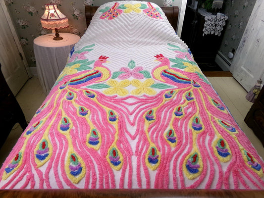 Colorful Vintage Peacock Chenille Bedspread | Pink Lovebirds | Boho Cottage Decor Full Bedding