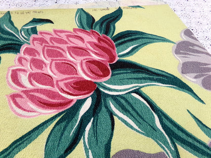 Vintage Barkcloth Fabric, Bold Pink Ginger Bloom Florals, Gray Tropical Elephant Ears 21" x40"