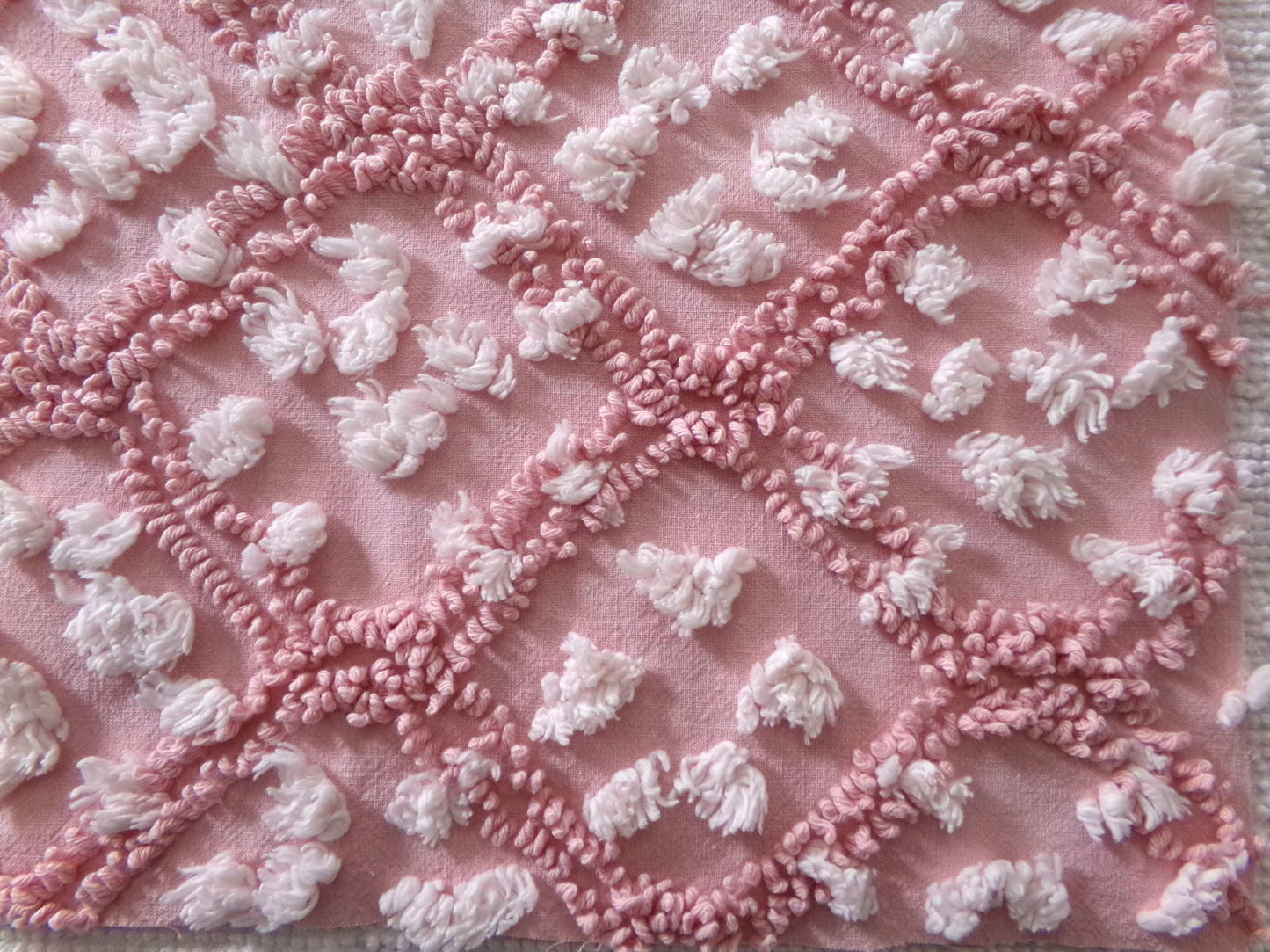 rose pink vintage chenille fabric, tumbling block mauve & white geometric design, 28" x 22" piece sewing material
