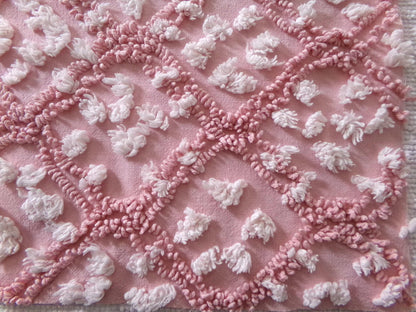 rose pink vintage chenille fabric, tumbling block mauve & white geometric design, 28" x 22" piece sewing material