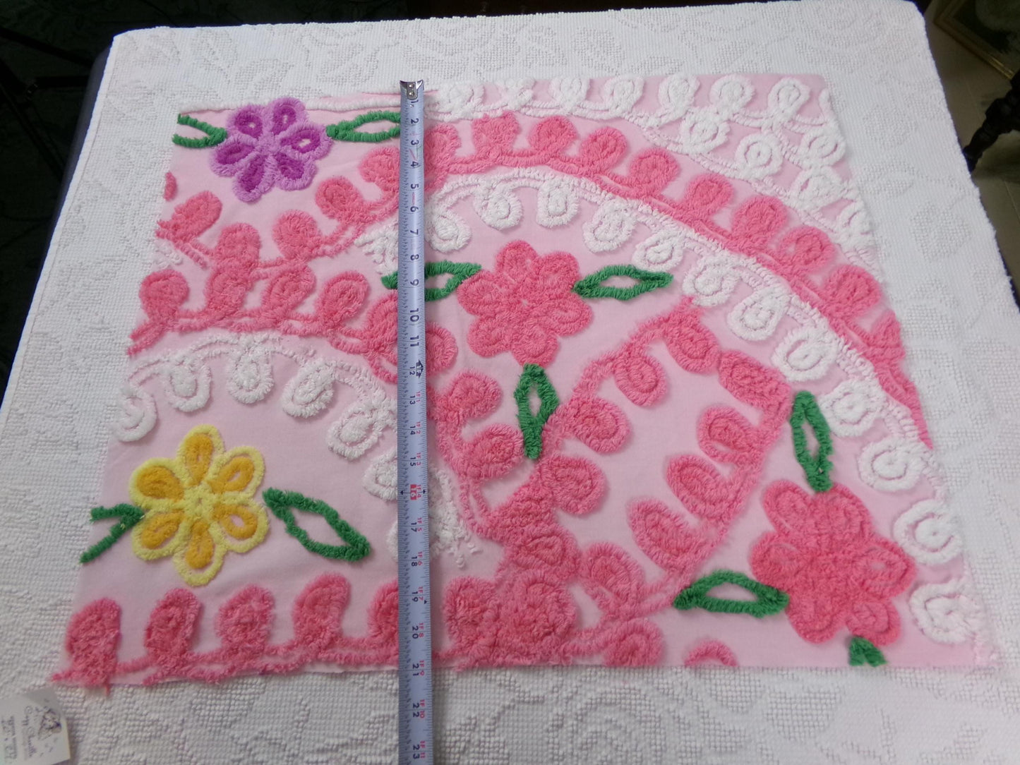 Pink Floral Vintage Chenille Bedspread Fabric, shabby cottage sewing craft quilt material, 20" x 24" piece