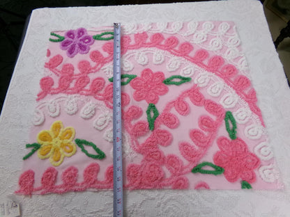Pink Floral Vintage Chenille Bedspread Fabric, shabby cottage sewing craft quilt material, 20" x 24" piece