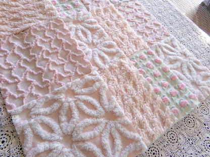 Nectar & Petal Vintage Chenille Quilt Squares Set of 16 Blocks, 6" inch ea in pretty daisies, pink rosebuds, peach lattice