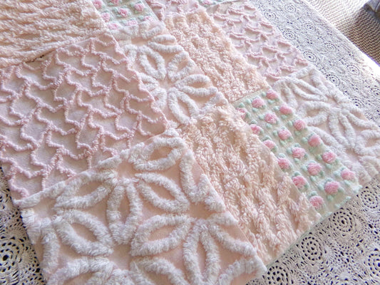 Nectar & Petal Vintage Chenille Quilt Squares Set of 16 Blocks, 6" inch ea in pretty daisies, pink rosebuds, peach lattice
