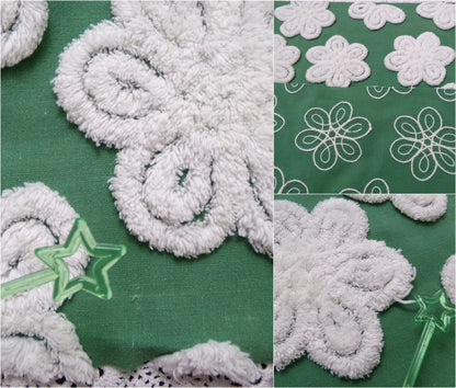 Green White Daisy Vtg Chenille Bedspread Fabric 23x24 Pc Antique Sewing Material