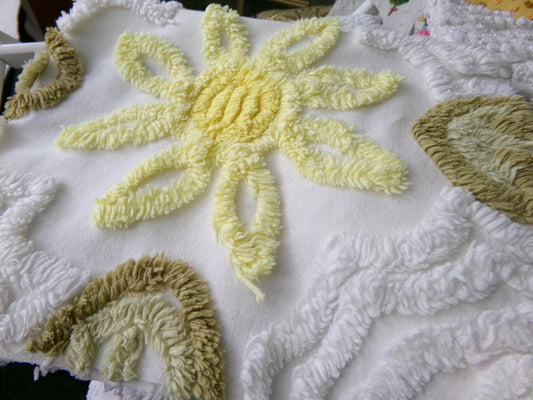 shabby sunflower vintage chenille fabric, 25" x 20" cut piece of quilt material for crafts, sewing