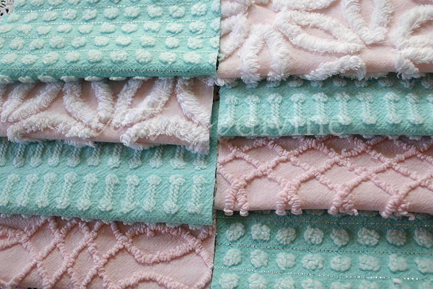 pink & aqua chenille fabric squares, set of quilt blocks cut from vintage chenille bedspreads, set of 16, 6" x 6" each for sewing, crafts