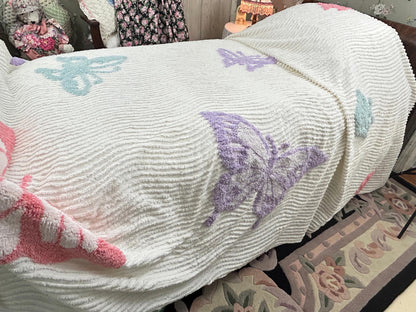 Butterfly Chenille Bedspread, Y2K Vintage Style Whimsy Butterflies, Full Queen Size
