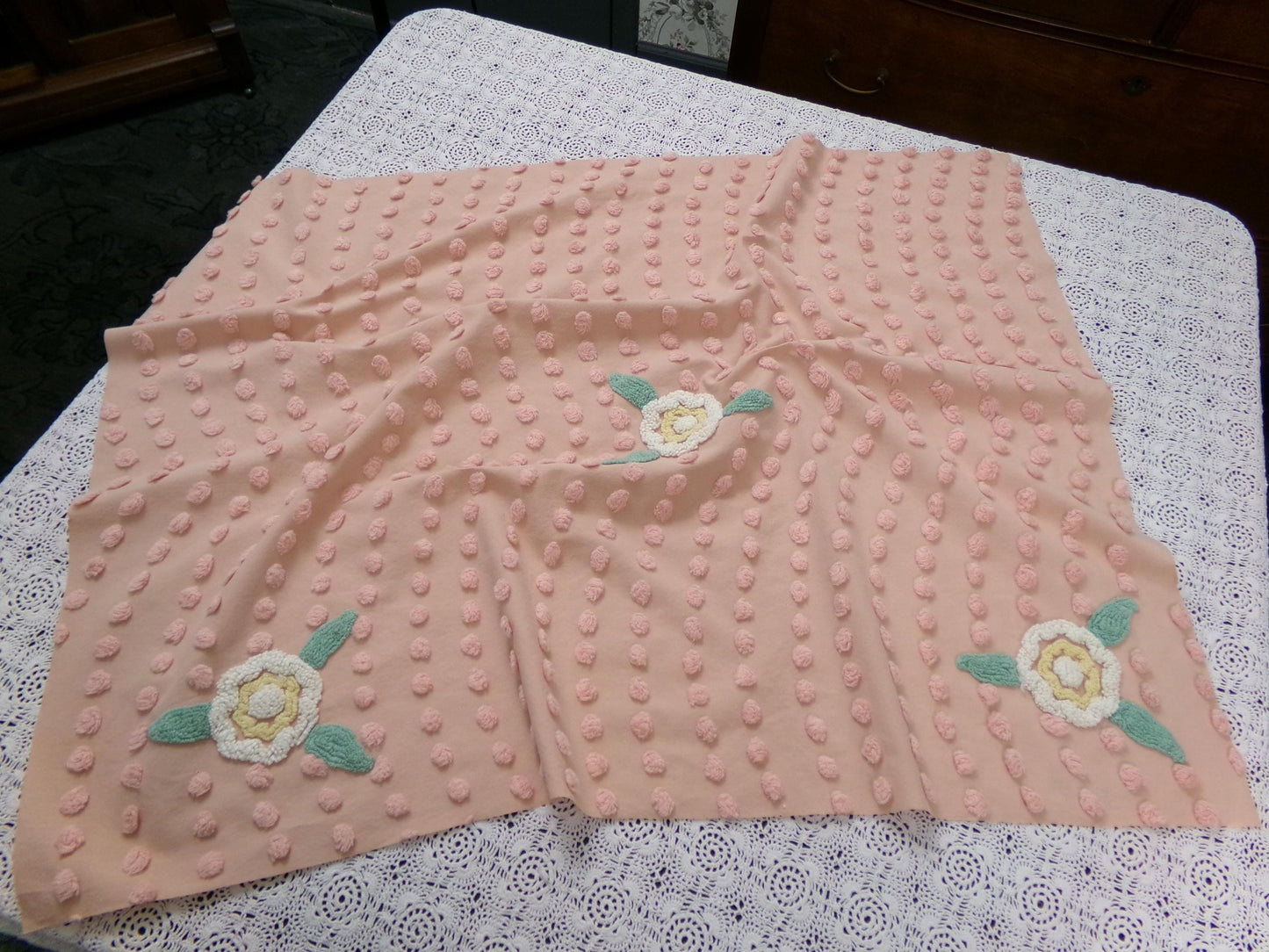 Vintage Cotton Chenille Fabric Peach Dot Floral Accents 23 x 30" Shabby Chic