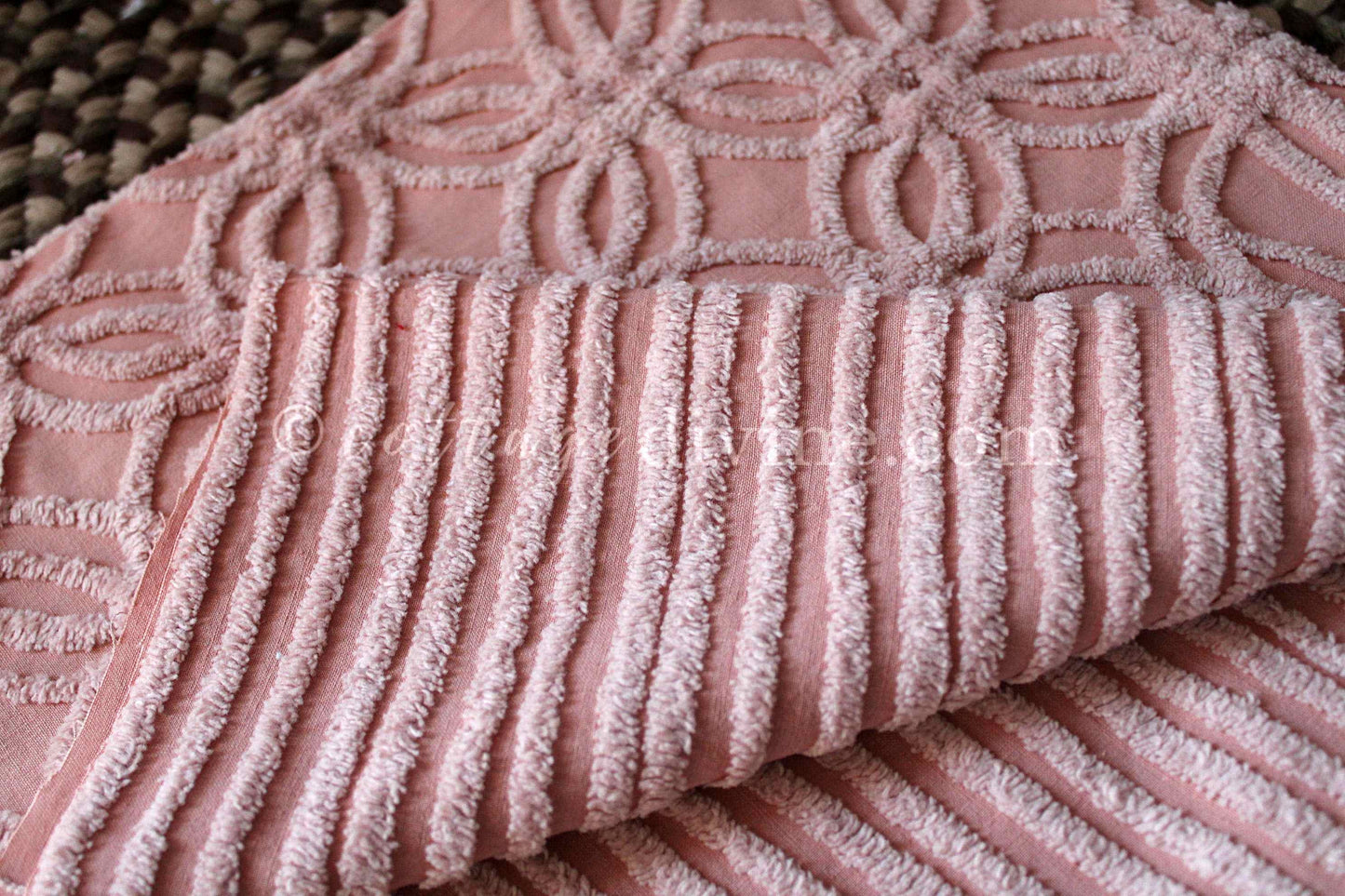 Beautiful Rosy Vintage Chenille Fabric Piece, 24" x 25" inches, Old Fashioned Wedding Rings & Cathedral Stripes