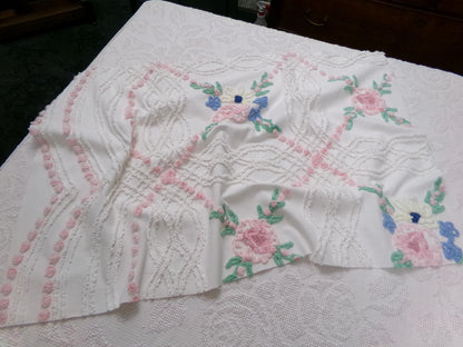 Shabby Wildflowers Vintage Chenille Fabric, pink rose floral sewing material, 20" x 32"