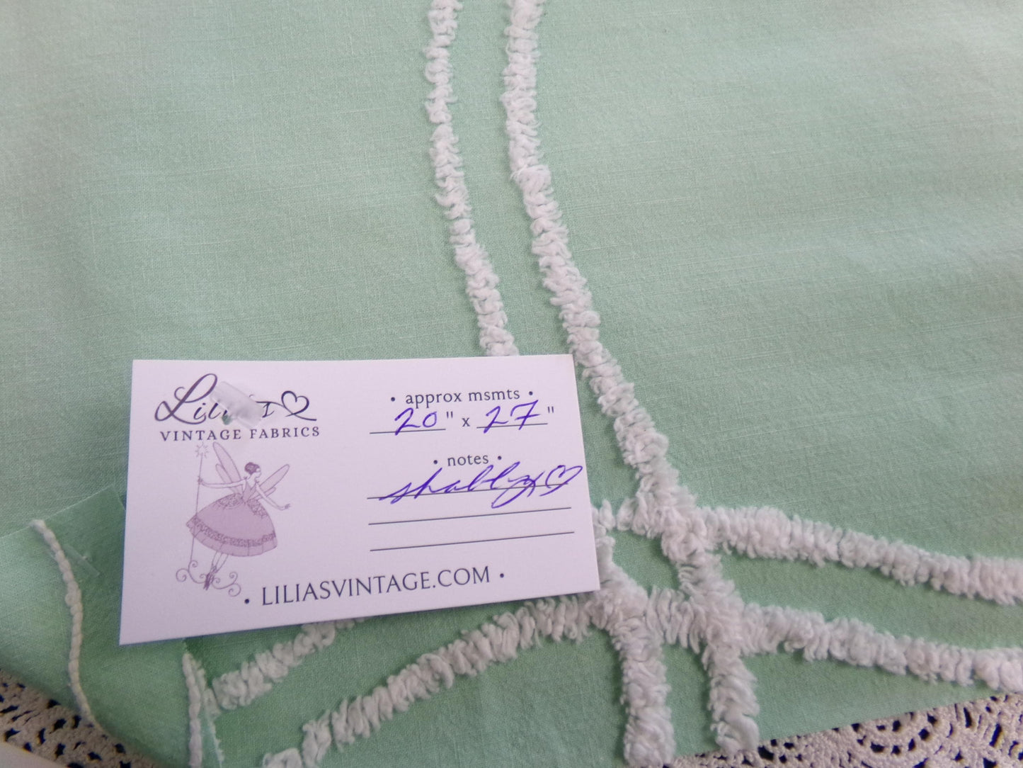Shabby Soothing Green Vintage Chenille Fabric, Pink Rose Florals, 20 x 27"